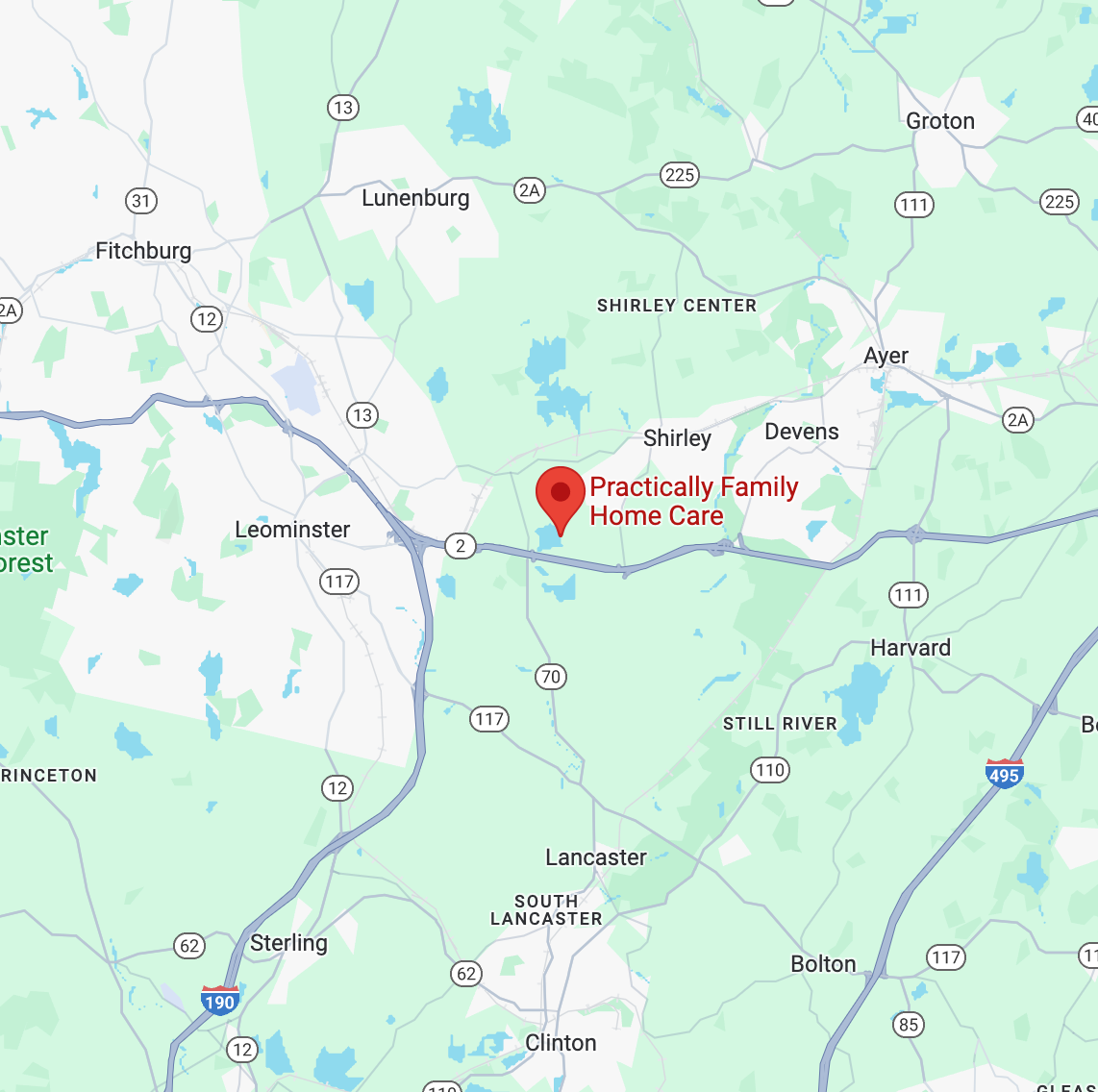 Map of Central Massachusetts, including a pin in Northern Lancaster.